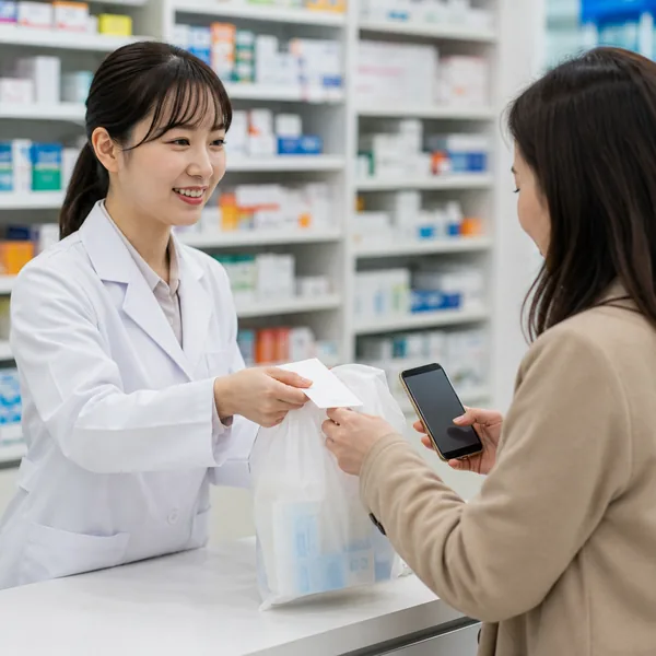 동네 약국에서 처방약과 영수증을 받고 스마트폰을 확인하는 고객