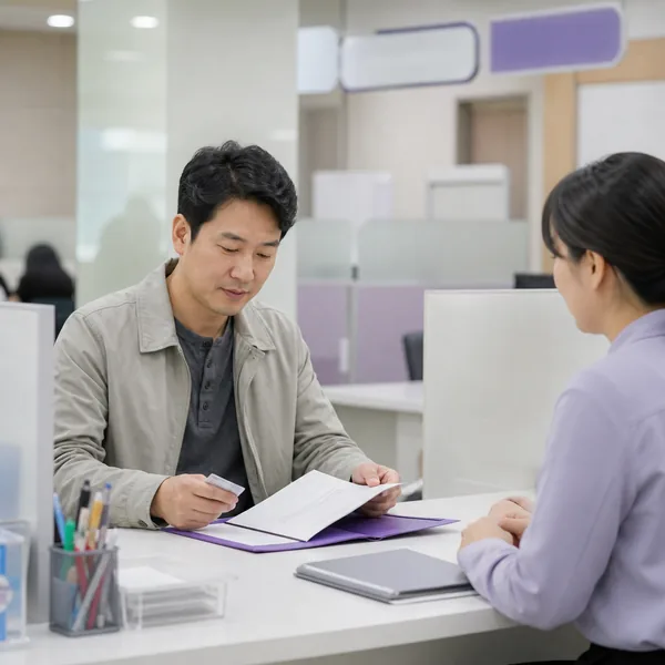 한국인 한부모가 행정복지센터 상담창구에서 아동양육비 신청 서류를 확인하는 모습