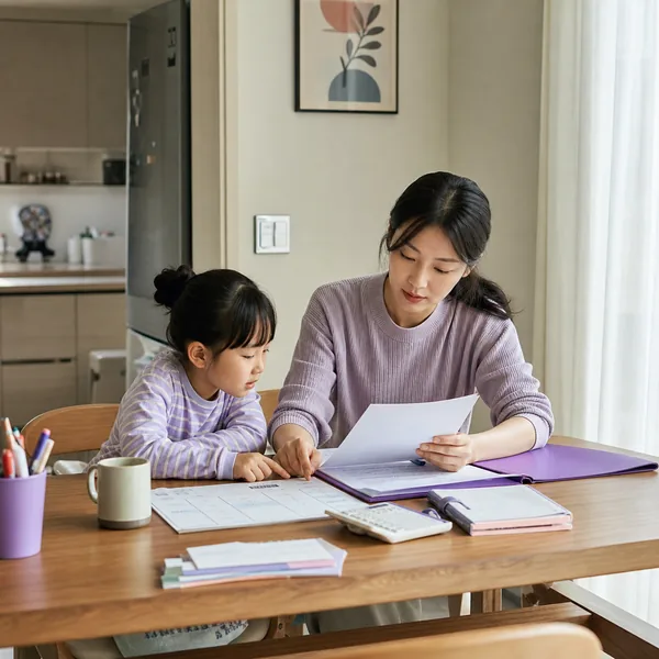 한국인 한부모와 초등학생 자녀가 집 식탁에서 가계 서류와 가족 일정을 함께 확인하는 모습