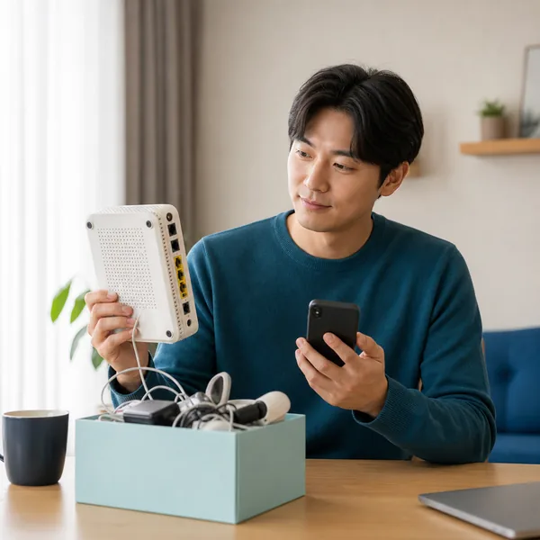 해지한 인터넷 장비와 휴대전화를 보며 통신 미환급액을 확인하는 한국인 남성