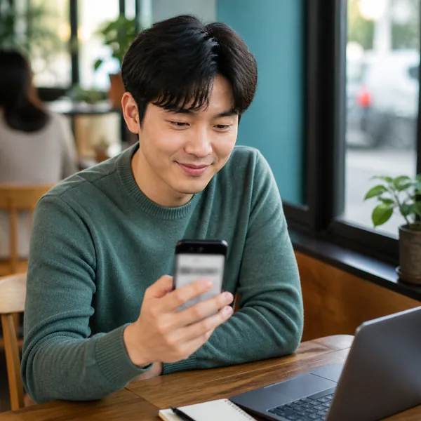 휴대전화로 통신 미환급액 환급 입금을 확인하는 한국인 남성