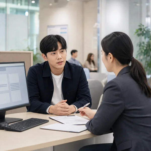 고용복지플러스센터에서 실업급여 수급자격 상담을 받는 한국인 구직자