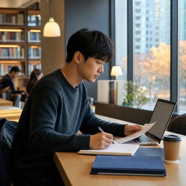 도서관에서 이력서와 채용공고를 검토하며 재취업활동을 준비하는 한국인 구직자