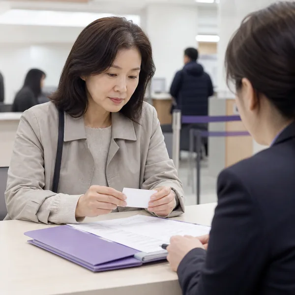 한국인 구직급여 수급자가 고용센터 상담창구에서 실업크레딧 신청서류를 확인하는 모습