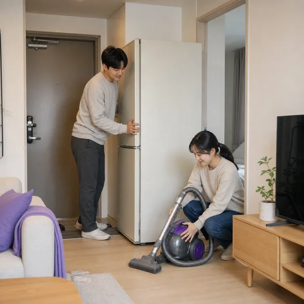 한국인 부부가 아파트 현관 근처에 냉장고와 청소기를 폐가전 무상수거용으로 준비하는 모습