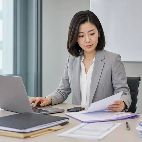 한국인 기업 담당자가 노트북과 사업자 확인서류를 놓고 근로자 휴가지원사업 신청을 준비하는 모습