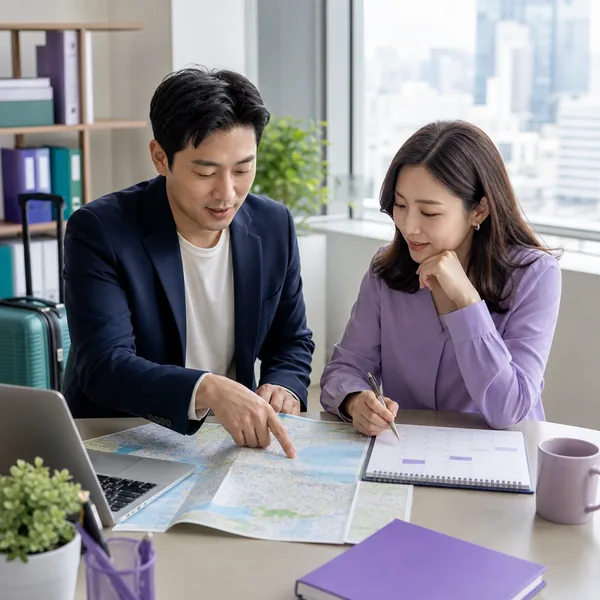 한국인 중소기업 담당자와 근로자가 사무실에서 국내여행 지도와 달력을 보며 휴가 계획을 세우는 모습