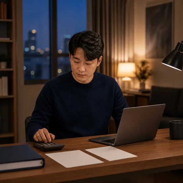 가을 저녁 노트북과 계산기로 연말정산 예상세액을 점검하는 한국인 직장인
