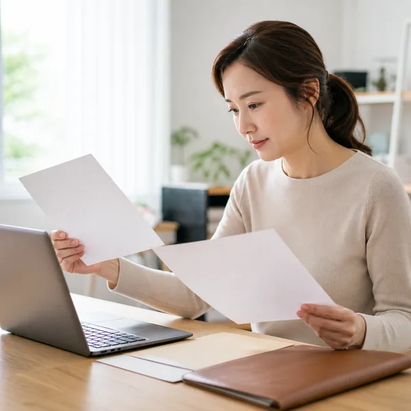 급여명세서와 공제자료를 보며 노트북에 연말정산 항목을 입력하는 한국인 여성