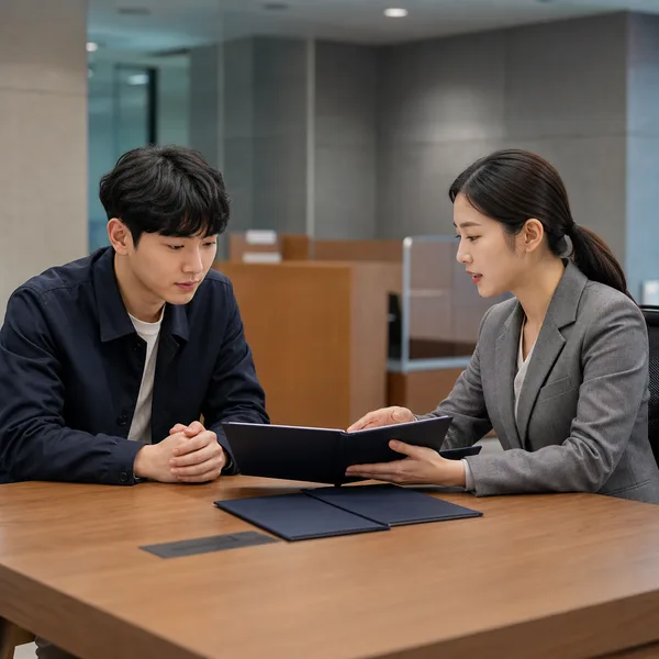 은행 상담창구에서 청년도약계좌 부분인출과 중도해지 조건을 확인하는 한국인 청년