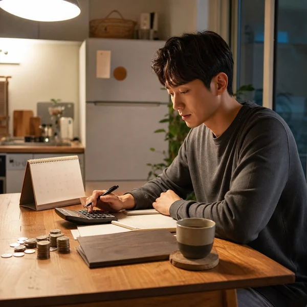 주방 테이블에서 월세 지원금과 생활비 예산을 계산하는 청년