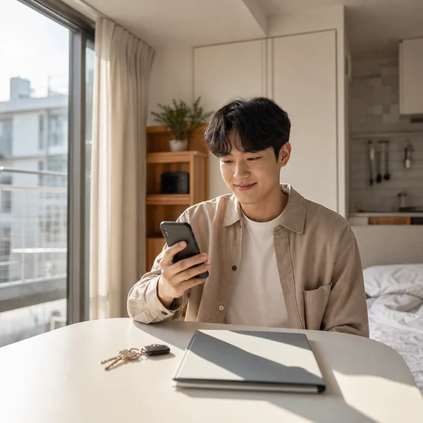 원룸에서 휴대전화로 청년월세 지원 결과 알림을 확인하는 청년