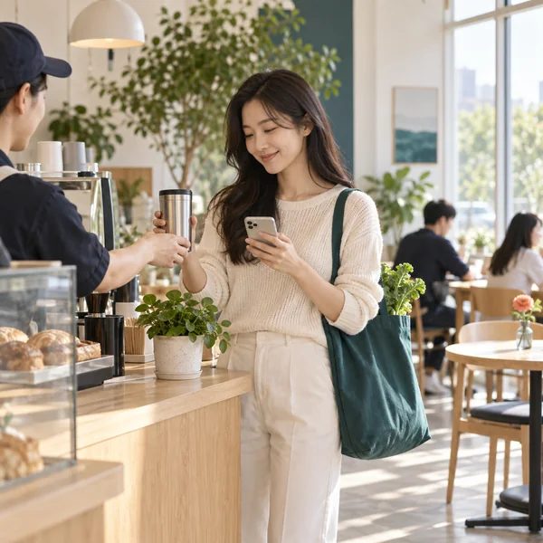 텀블러와 스마트폰으로 탄소중립포인트 녹색생활실천에 참여하는 사람