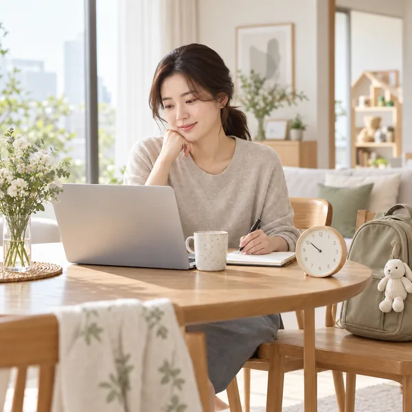 육아기 근로시간 단축 급여를 알아보며 집에서 근무시간 계획을 세우는 직장인 엄마