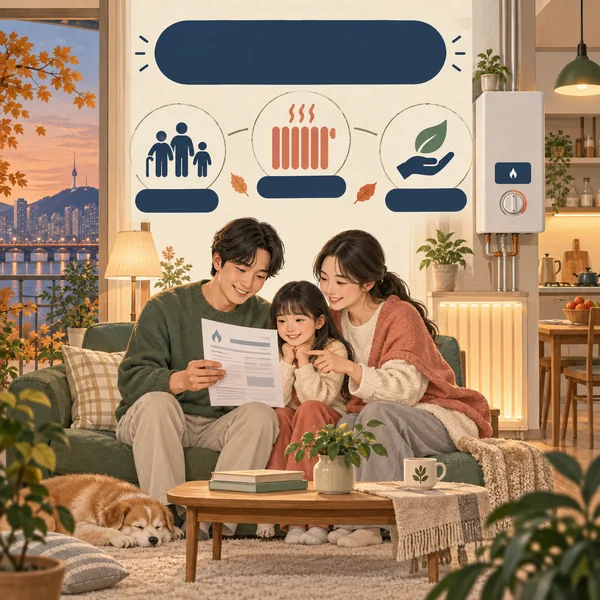 가을 저녁 도시가스 고지서를 보며 요금 경감 대상과 신청을 확인하는 한국인 가족