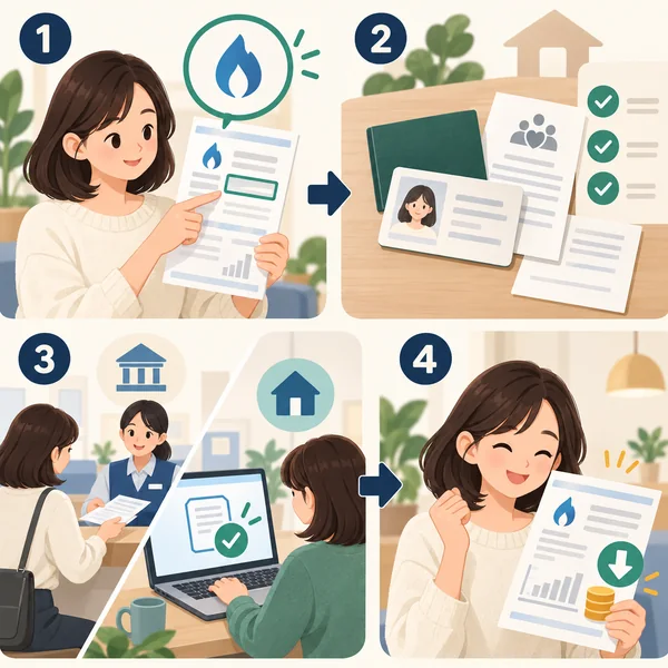 도시가스 공급사 확인 서류 준비 주민센터 또는 온라인 신청 다음 고지서 확인의 네 단계