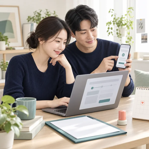 부부가 노트북과 휴대전화로 난임 시술비 지원을 온라인 신청하는 모습