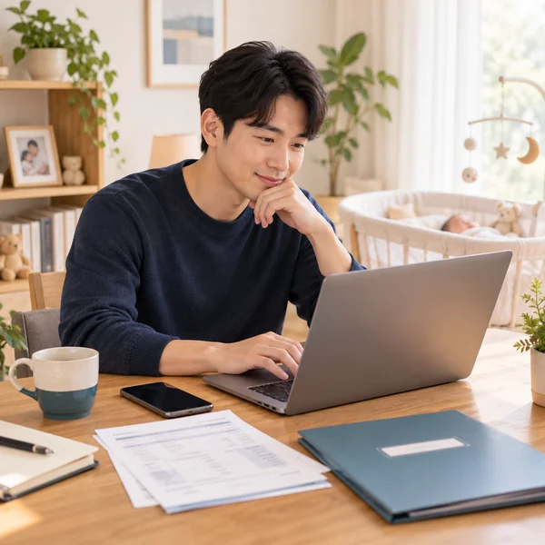 아빠가 집에서 노트북으로 배우자 출산휴가 급여를 신청하는 모습