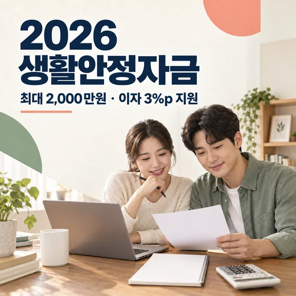 2026 생활안정자금 최대 2천만원과 이자 3%포인트 지원을 확인하는 근로자 부부