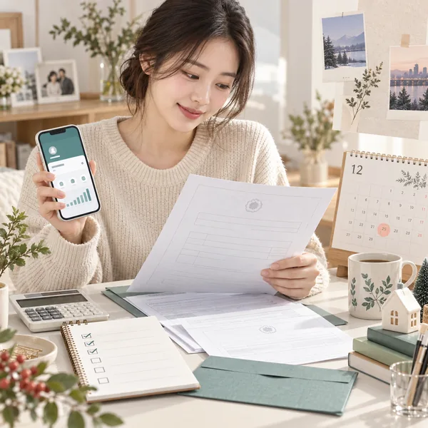 12월 청년미래적금 신청을 위해 은행 앱과 소득서류를 준비하는 청년