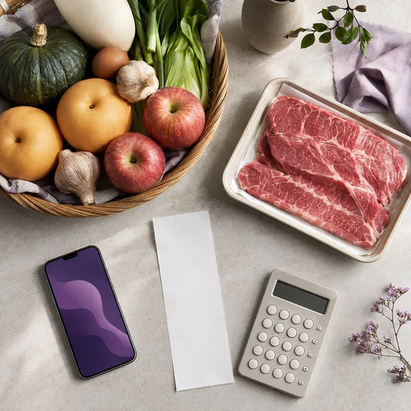 사과 배 채소 고기와 계산기 영수증을 놓고 추석 장보기 할인을 비교하는 장면