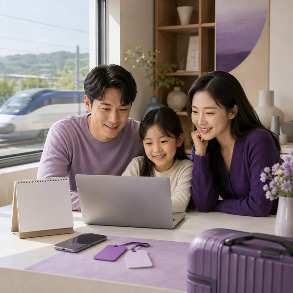 한국인 가족이 노트북과 달력으로 2026 추석 기차표 예매 계획을 세우는 모습