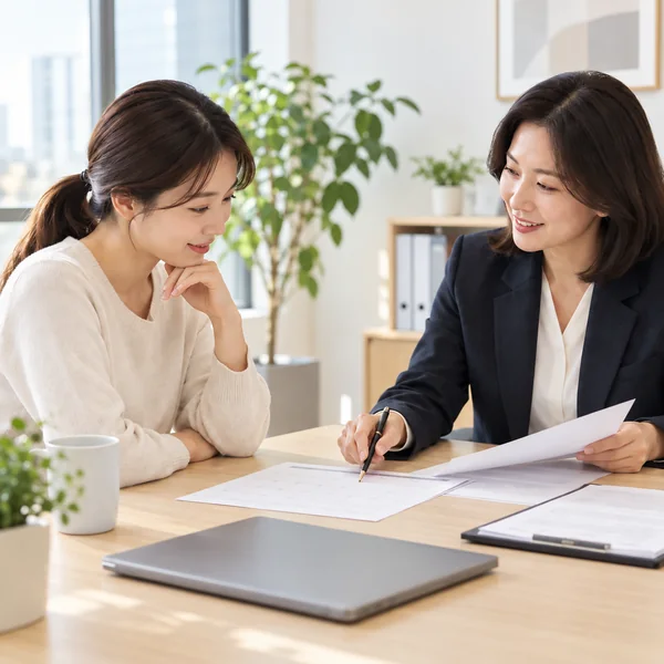 육아기 근로시간 단축 일정과 신청서류를 회사 담당자와 확인하는 근로자