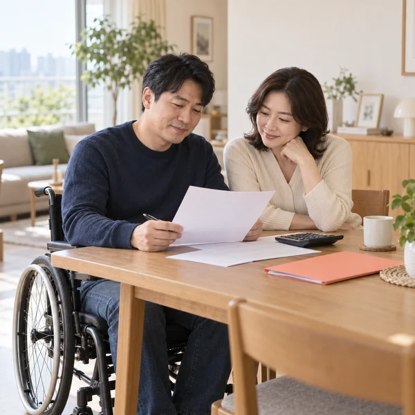 장애인연금 대상과 소득 재산 기준을 가족과 함께 확인하는 한국인 휠체어 이용자