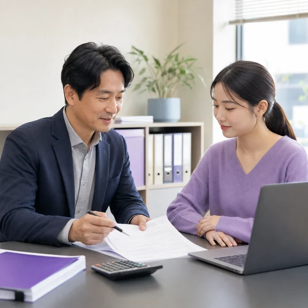 한국인 소규모 사업주와 새 직원이 급여 자료와 사회보험료 지원 내용을 함께 확인하는 모습