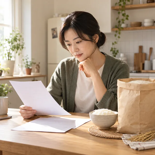 정부양곡 할인 신청서를 살펴보며 쌀 포대와 밥상을 함께 확인하는 가정