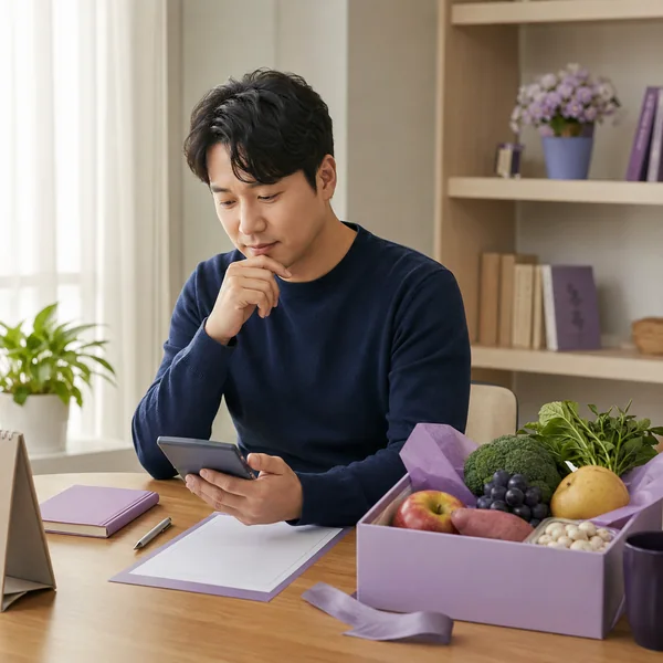 한국인 직장인이 지역 농산물 답례품 상자 옆에서 고향사랑기부 내용을 확인하는 모습