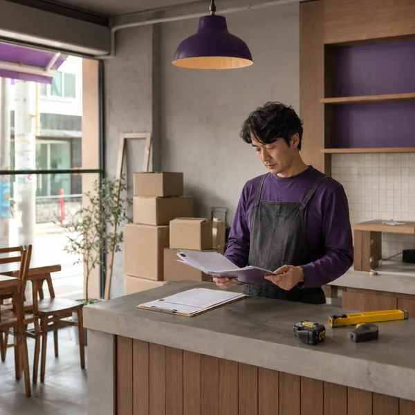 폐업을 준비하는 소상공인이 비워진 카페에서 임대차계약서와 철거 견적서를 확인하는 모습
