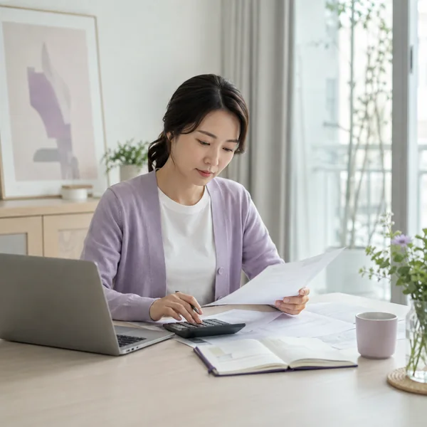 한국인 여성이 집에서 가계 서류와 계산기를 살펴보며 2026 생계급여 자격을 확인하는 모습