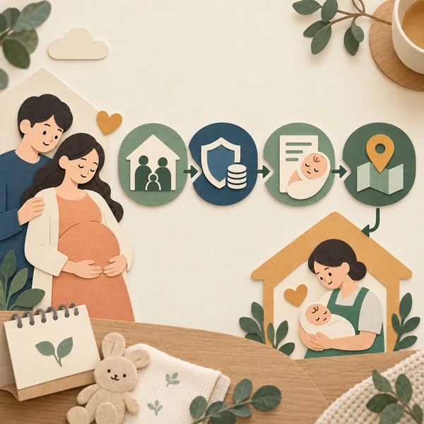 출산가구 건강보험료와 산모신생아 건강관리 대상 판정 흐름을 보여주는 종이 질감 일러스트