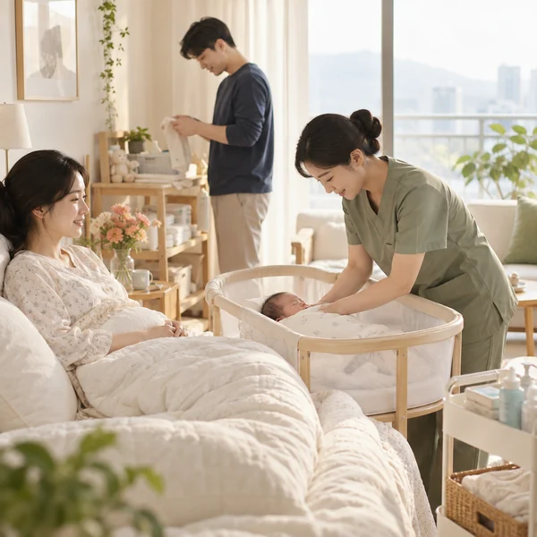 한국 가정에서 산모와 신생아를 돌보는 건강관리사와 함께 있는 가족