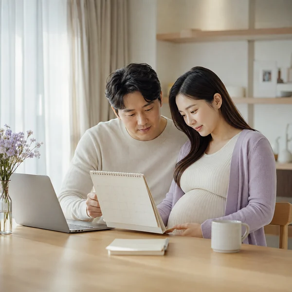 한국인 임산부 부부가 노트북과 달력으로 출산전후휴가 기간을 계획하는 모습