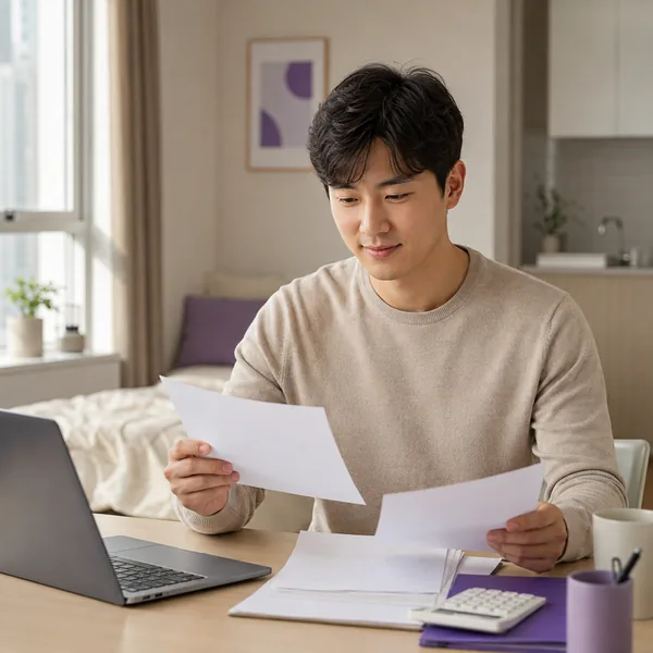 한국인 직장인이 월세 세액공제를 준비하며 임대차계약서와 이체내역을 확인하는 모습