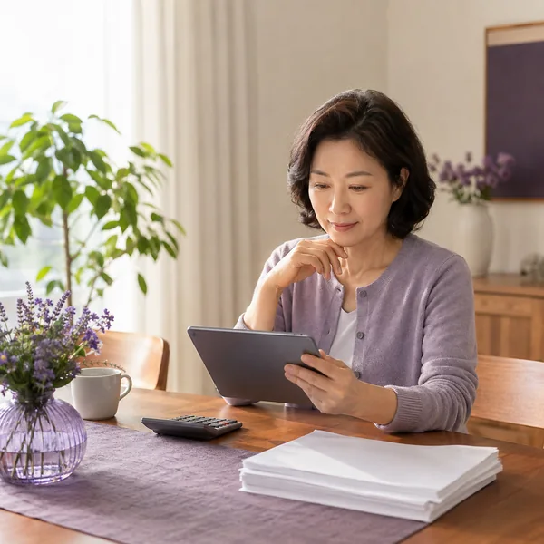 한국인 중년 여성이 태블릿과 계산기로 국민연금 추납 대상기간과 보험료를 검토하는 모습