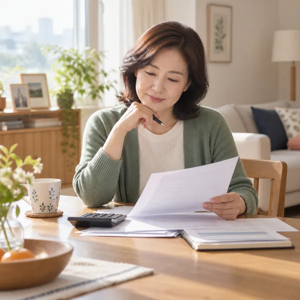 국민연금 유족연금 예상액과 신청서류를 차분히 확인하는 중년 한국인 여성