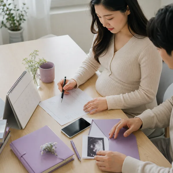 임신부 부부가 집에서 신청서와 달력, 초음파 사진을 놓고 임신바우처 신청서류를 점검하는 모습