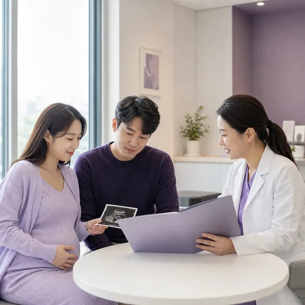 한국인 임신부와 배우자가 산부인과 의사와 초음파 사진과 진료비 지원 안내를 확인하는 모습