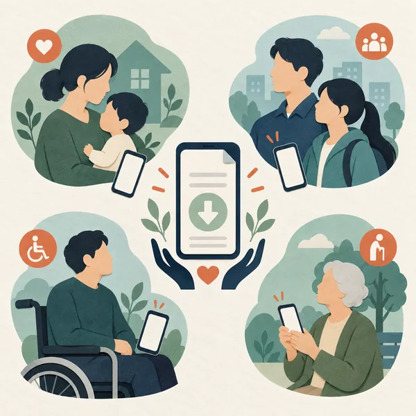 기초생활수급 가구 차상위 가구 장애인 기초연금수급자의 통신요금 감면 대상을 구분한 일러스트