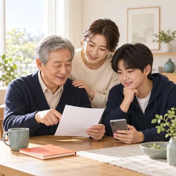 휴대폰 고지서와 복지 자격을 함께 확인하며 통신요금 감면을 준비하는 한국인 3대 가족