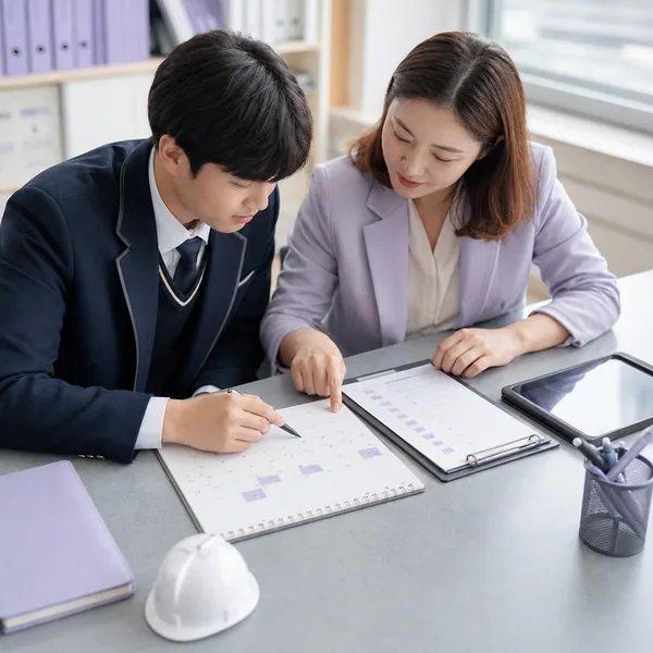 직업계고 학생과 진로교사가 달력으로 현장실습 인정일수를 확인하는 모습