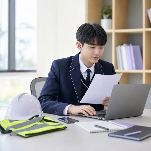 직업계고 3학년 학생이 안전모와 조끼를 옆에 두고 현장실습 지원금 신청서를 확인하는 모습