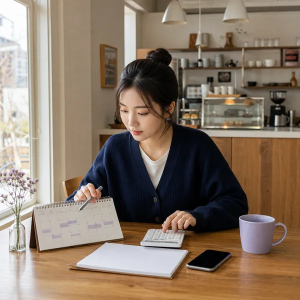한국인 아르바이트 근로자가 카페에서 근무 달력과 계산기로 2026 주휴수당을 계산하는 모습