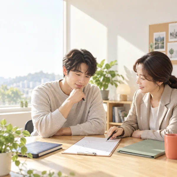 청년도전지원사업 참여 전 진로 상담을 받으며 활동 계획을 살펴보는 한국 청년