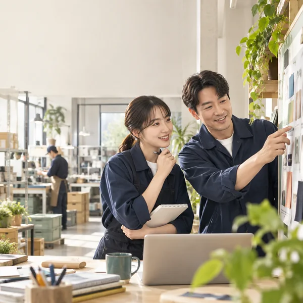 청년일자리도약장려금 참여를 위해 채용 계획을 검토하는 한국 청년 근로자와 소기업 관리자